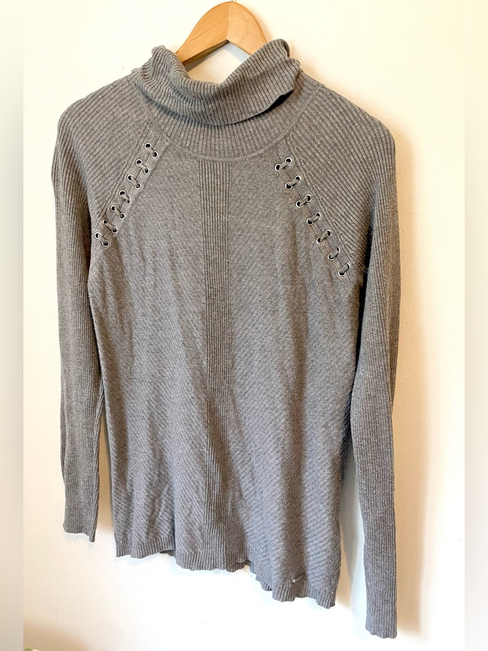 Calvin Klein Grey Turtleneck with Lace-Up Side Eyelet Details